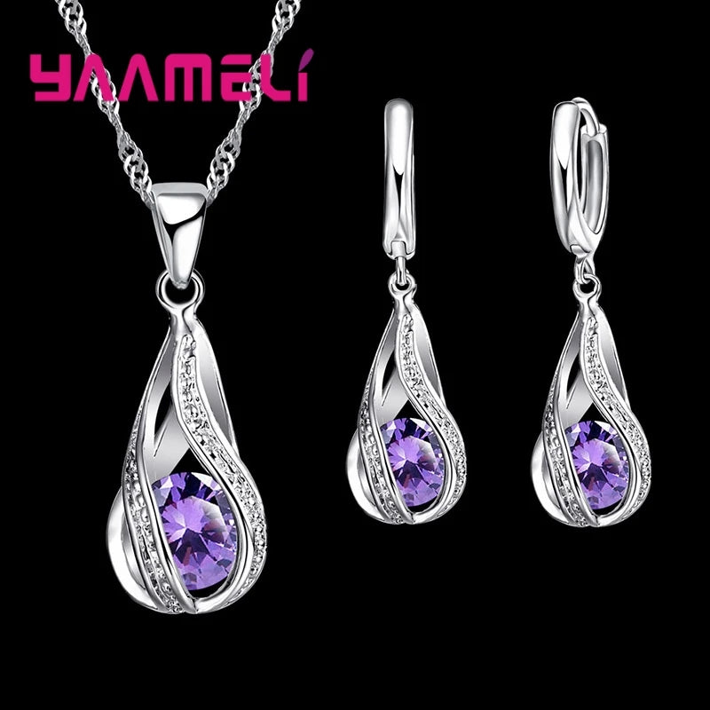 Hot Water Drop CZ 925 Sterling Silver Plated Jewelry Set For Women Pendant Necklace Hoop Earrings Wedding Party Ceremoey Anel
