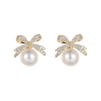 French Sweet Personality Pearl Simple And Small Design Sense Full Of Drill Bow Delicate All-matching Earwear Female