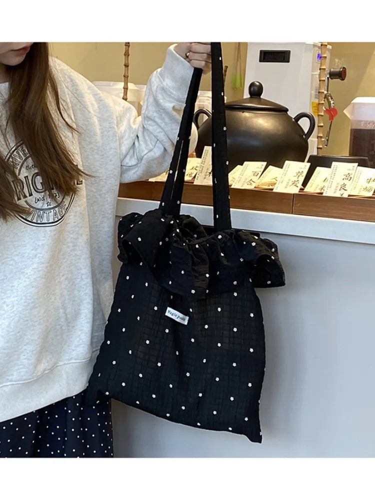 All-match Wave Point Chiffon Shoulder Bag Large Capacity Fairy Mesh Handbag Commuting Bag Korean Style Tote Bag Women
