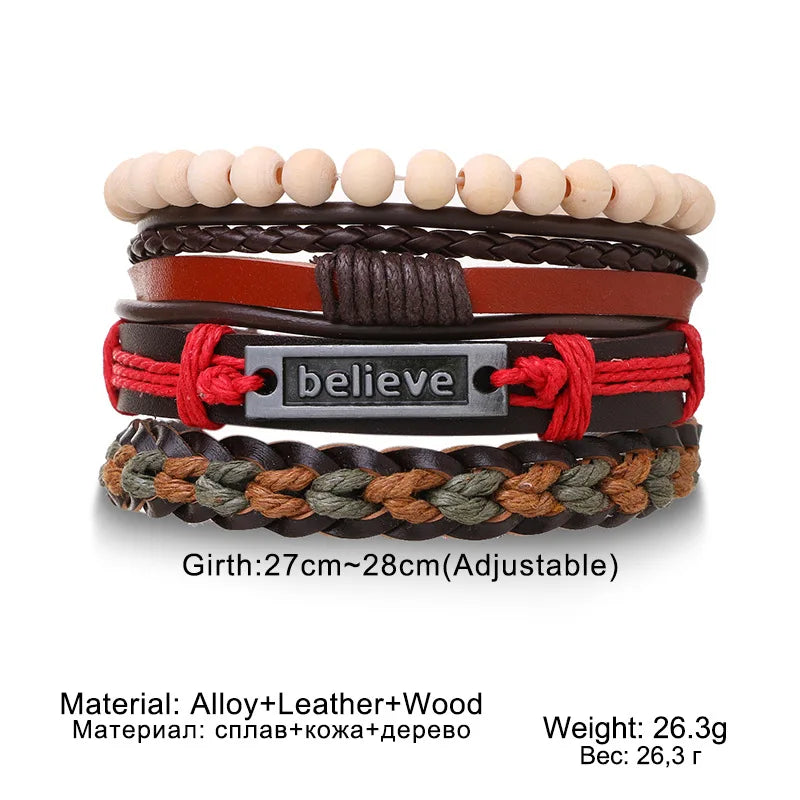 Set Braided Wrap Leather Bracelets for Men Vintage Life Tree Rudder Charm Wood Beads Ethnic Tribal Wristband Rope Bracelet