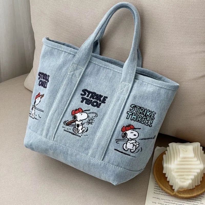 Snoopy Embroidered Canvas Tote Bag Japanese Style Cute Casual Handbag for Women Lunch Bag Office Work Commuting