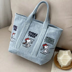 Snoopy Embroidered Canvas Tote Bag Japanese Style Cute Casual Handbag for Women Lunch Bag Office Work Commuting