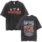 Radiohead Rock Band Washed Cotton T-Shirt – Retro Alternative Rock Graphic Tee, Vintage Distressed Heavyweight Style Unisex Concert Top