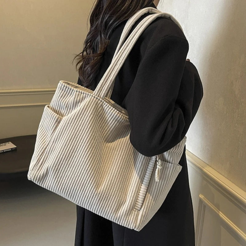 Casual Corduroy Handbag with Zipper Closure Light and Large Capacity Fixed Shoulder Strap Solid Color Daily Commuter Handbag