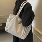 Casual Corduroy Handbag with Zipper Closure Light and Large Capacity Fixed Shoulder Strap Solid Color Daily Commuter Handbag