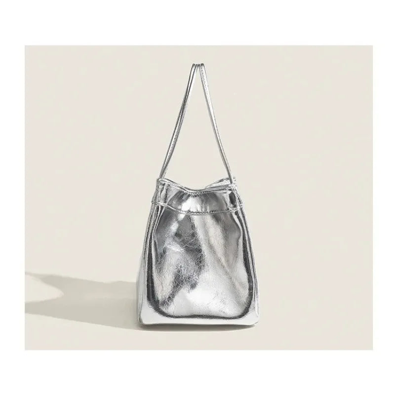 Sparkling Silver Mini Bucket Bag Glittery PU Drawstring Design Multifunctional Crossbody Handbag with Wallet for Ladies Daily Us