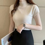Half-High Neck T-Shirt Women's Fashion Jumper Casual Tops Korean Style Elegant Solid-Coloured Clothing Spring And Summer Season