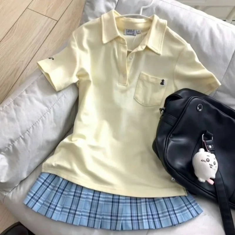 Deeptown Blue Polo Shirts Women Shoujo JK Japanese Preppy Style White T-shirts Short Sleeve Embroidered Tees Basic Pink Tops