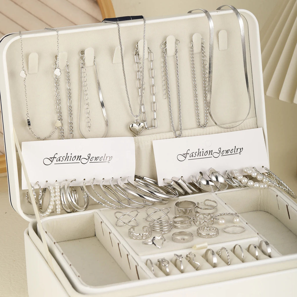 54 Pcs/Set Vintage Elegant Pearl Earrings Ring Heart Pendant Necklace Bracelet For Women Boho Daily Wear Jewelry Set Gifts 2024
