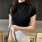 Half-High Neck T-Shirt Women's Fashion Jumper Casual Tops Korean Style Elegant Solid-Coloured Clothing Spring And Summer Season