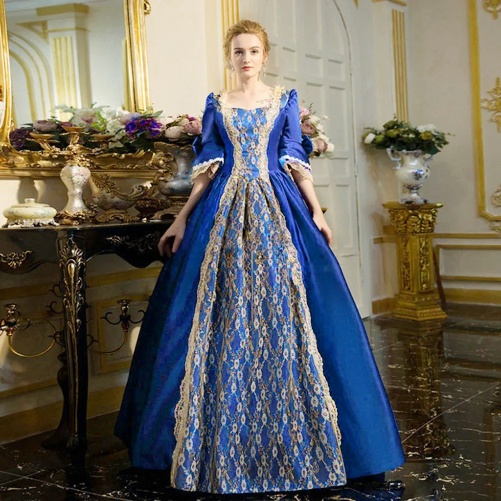 Palace Princess Queen Elegant Ball Party Formal Maxi Dress Medieval Lace Square Neck Medieval Renaissance Victorian Vestidos