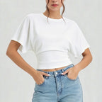 Women Round Neck Batwing Short Sleeve T-shirt Solid Color Slim Waist Casual Daily Basic Tee Stretchy Soft Comfort Knit Lady Tops