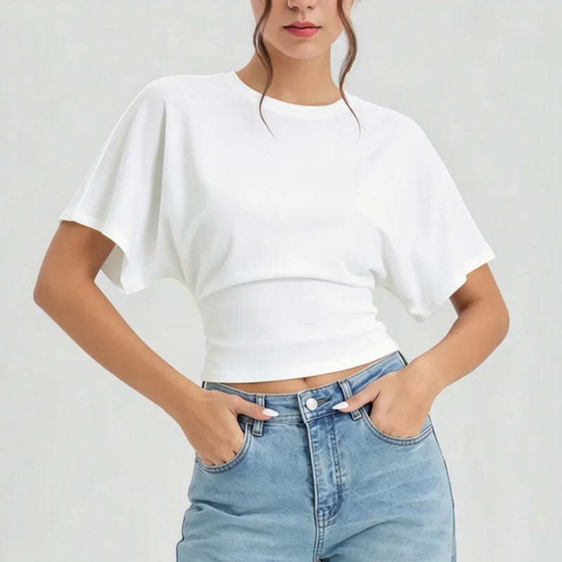 Women Round Neck Batwing Short Sleeve T-shirt Solid Color Slim Waist Casual Daily Basic Tee Stretchy Soft Comfort Knit Lady Tops