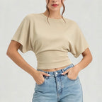 Women Round Neck Batwing Short Sleeve T-shirt Solid Color Slim Waist Casual Daily Basic Tee Stretchy Soft Comfort Knit Lady Tops