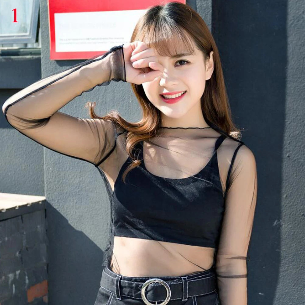 2026  Autumn Hollow Out Mesh T-Shirt Daisy Flower Pattern Crop Top sexy Transparent Long Sleeves Basic Tops For Women Lace Tops