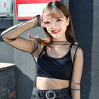 2026  Autumn Hollow Out Mesh T-Shirt Daisy Flower Pattern Crop Top sexy Transparent Long Sleeves Basic Tops For Women Lace Tops