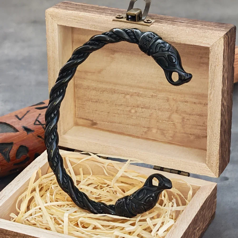 Stainless Steel Nordic Viking Norse Dragon Bracelet Men Wristband Cuff Bracelets with Viking Wooden Box