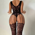One Pieces Sexy Crotchless Bodysuits For Women Erotic Outfits Mesh Sheer Teddy Jumpsuits High Waist Elastic Long Sleeve Rompers