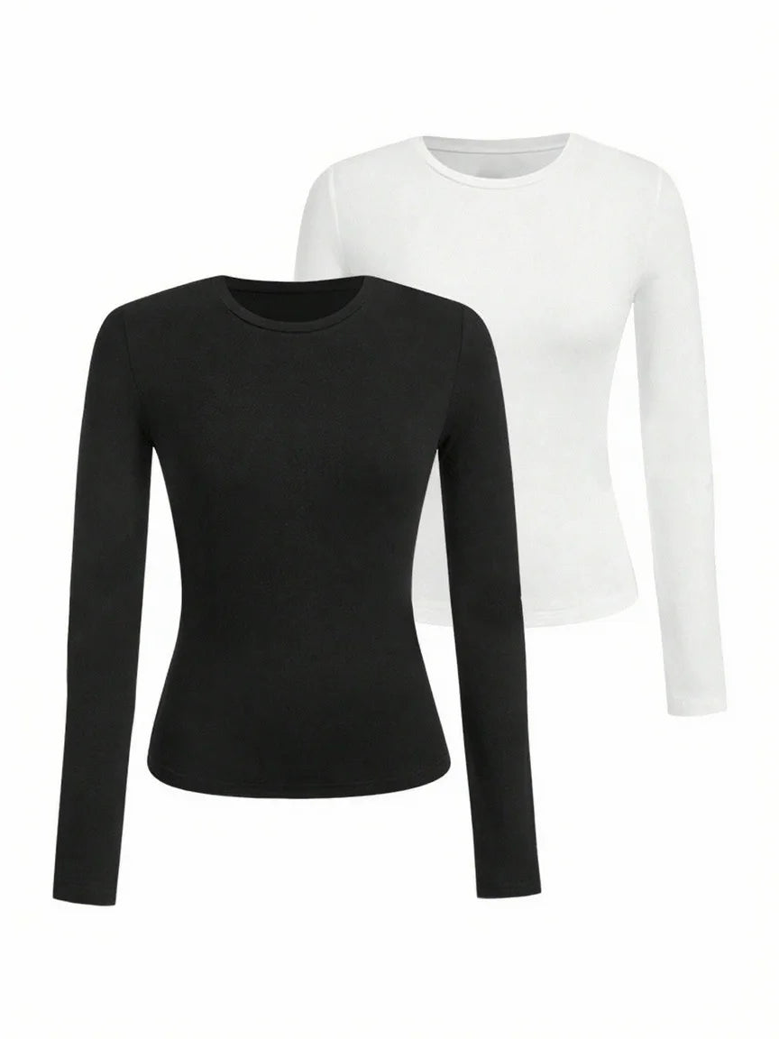 Women's solid-color long-sleeved T-shirt - Polyester knitted fabric, round neck, regular fit, fall-winter style