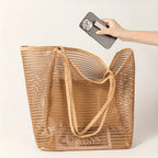 Women's Large Capacity Beach Tote Bag - Durable Polyester Woven Shoulder Bag with Open Top for Travel, Shopping
