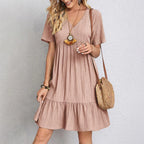 Women Mini Dress Summer Casual Solid V Neck Ruffles A-line Dress Female Fashion Holiday Boho Loose Beach Elegant Dresses Vestido