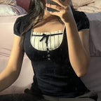 Harajuku Grunge T-shirt Women Korean Preppy Style Kawaii Bow Crop Top Vintage Patchwork Square Collare Puff Sleeve Milkmaid Top