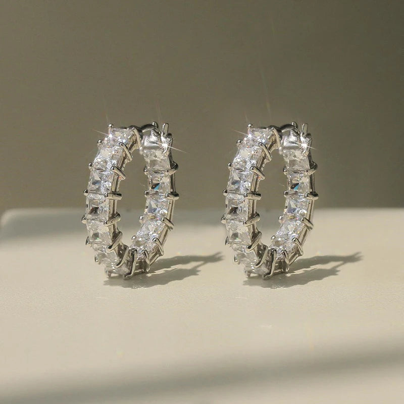 Huitan New Trendy Women Hoop Earrings Full Pave Princess Square Cubic Zirconia Fashion Contracted Female Circle Earrings Jewelry