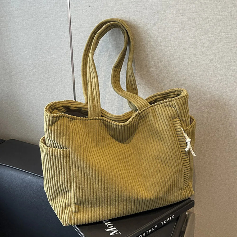 Casual Corduroy Handbag with Zipper Closure Light and Large Capacity Fixed Shoulder Strap Solid Color Daily Commuter Handbag