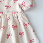 Bear Leader Summer Short Sleeved Girls Casual Dresses Pink Bow Print Square Neck Sweet Princess Dress Daily Simple Kids Clothes