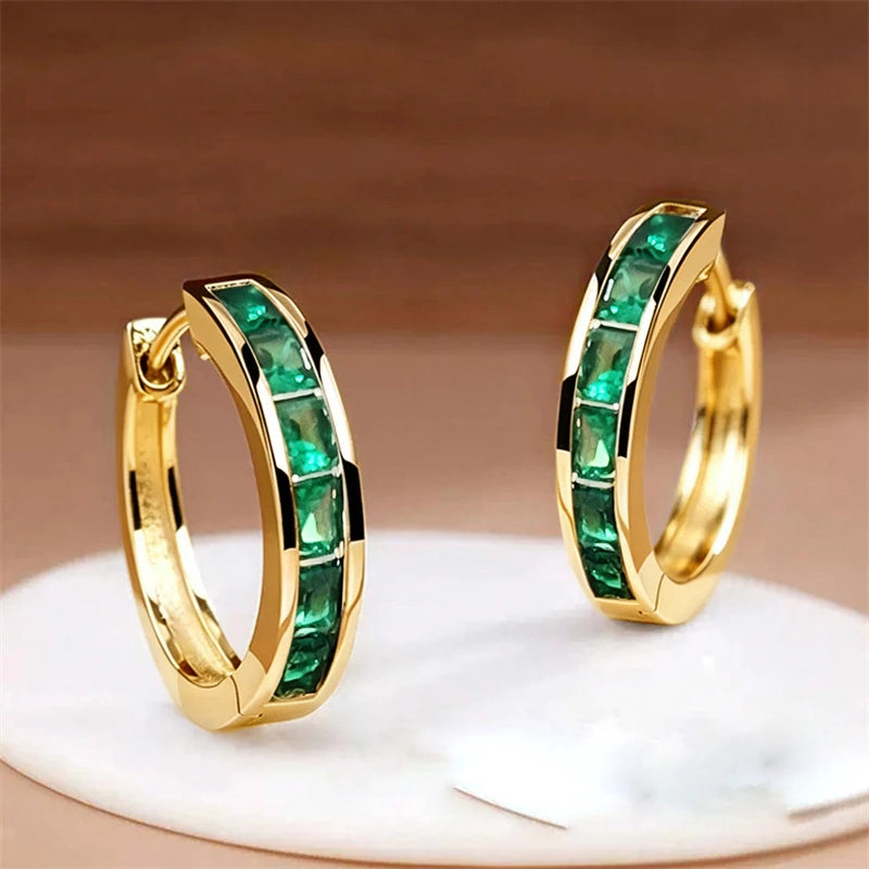 Huitan Hoop Earrings with Princess Cubic Zirconia Exquisite Ear Circle Earrings for Women Silver Color Fashion Versatile Jewelry