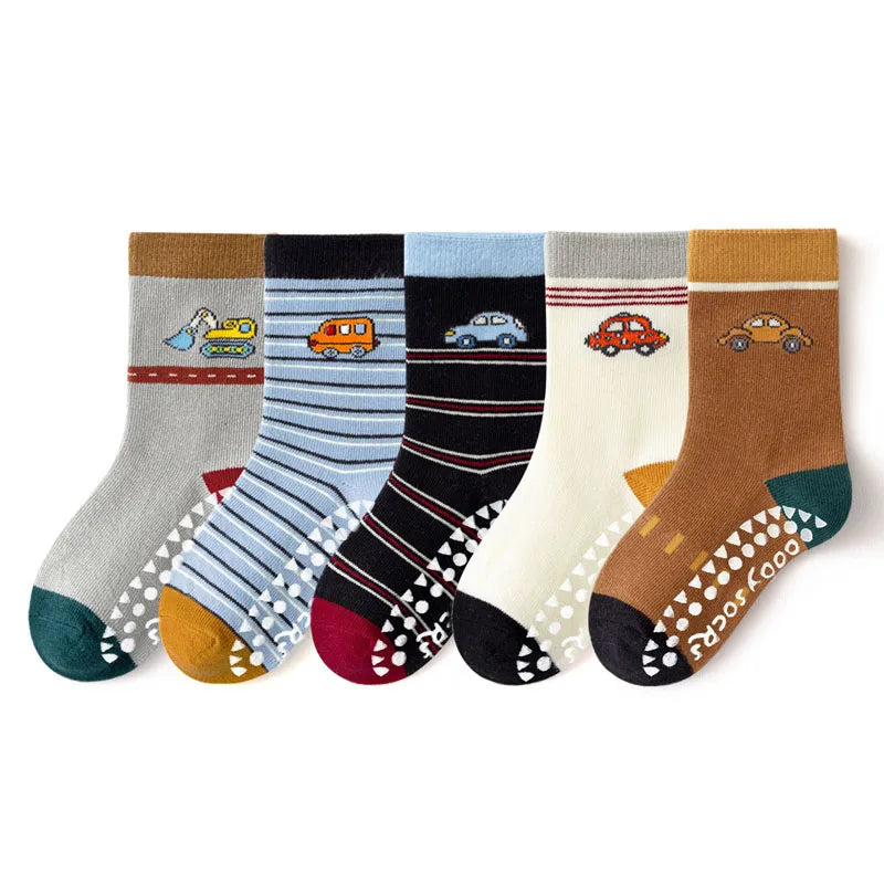 5 Pairs Children Non-Slip Socks Cute Cartoon Car Bus Excavator Stripe Pattern Comfortable Breathable Kids Baby Boys Floor Socks