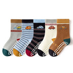 5 Pairs Children Non-Slip Socks Cute Cartoon Car Bus Excavator Stripe Pattern Comfortable Breathable Kids Baby Boys Floor Socks