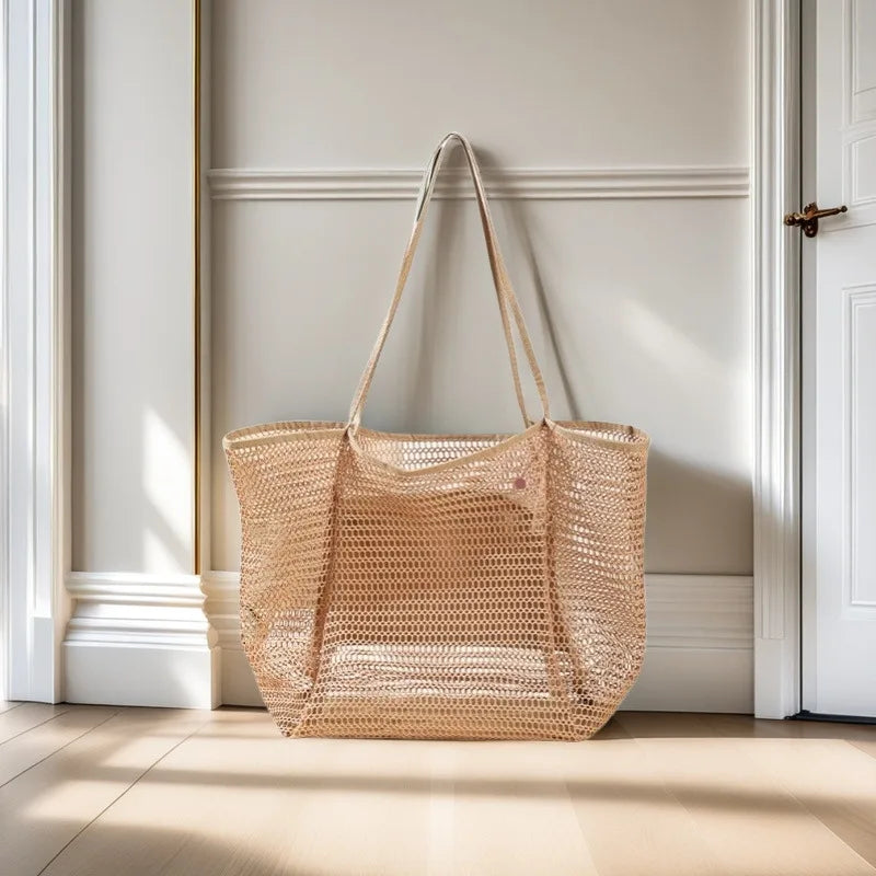 Homefish Large Capacity Woven Polyester Beach Tote Bag For Women Durable Open Top For Travel Shopping Daily Outdoor Use