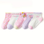 5 Pairs of Kidsren's Floor Socks with Lace Glue, Heart Unicorn Pattern, Boys and Girls, Baby Toddler Soft-Soled Shoes, Indoor Non-Slip Rainbow Pony Mid-Calf Socks, Suitable for Casual Daily Life