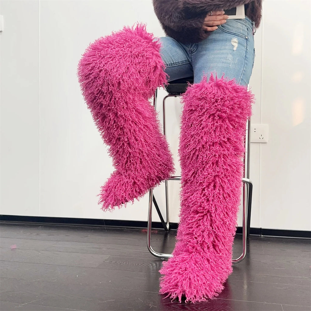 Womens Faux Mongolian Thigh Highs Faux Fur Boots Winter Warm Tall Fur boots