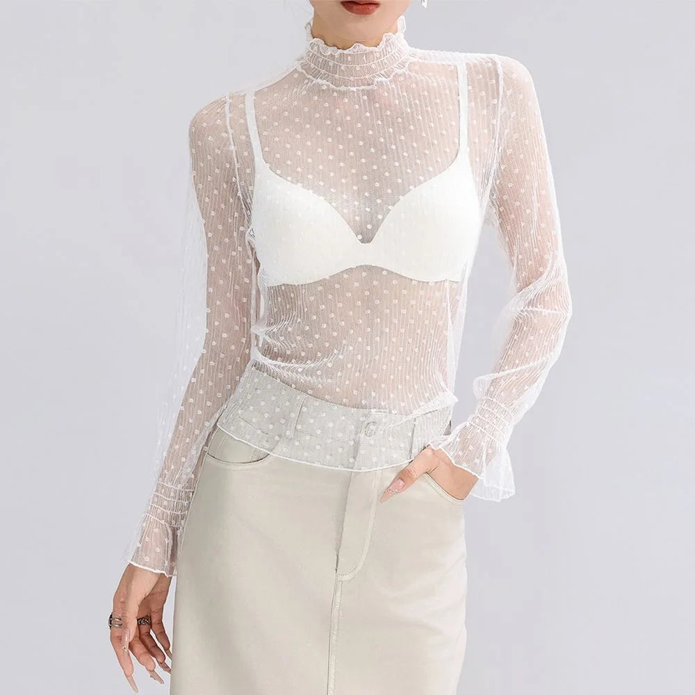 Sexy Women Mesh T-Shirts Transparent Lace Blouse Long Sleeve See Through Tops For Women O Neck Sheer Tees Body Crop Top