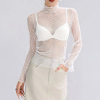 Sexy Women Mesh T-Shirts Transparent Lace Blouse Long Sleeve See Through Tops For Women O Neck Sheer Tees Body Crop Top