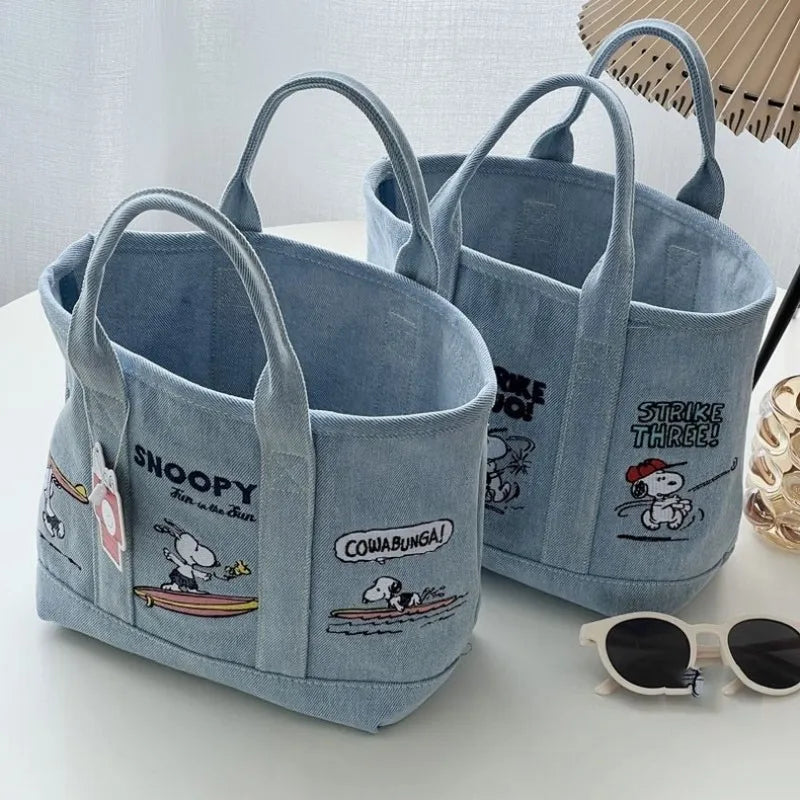 Snoopy Embroidered Canvas Tote Bag Japanese Style Cute Casual Handbag for Women Lunch Bag Office Work Commuting