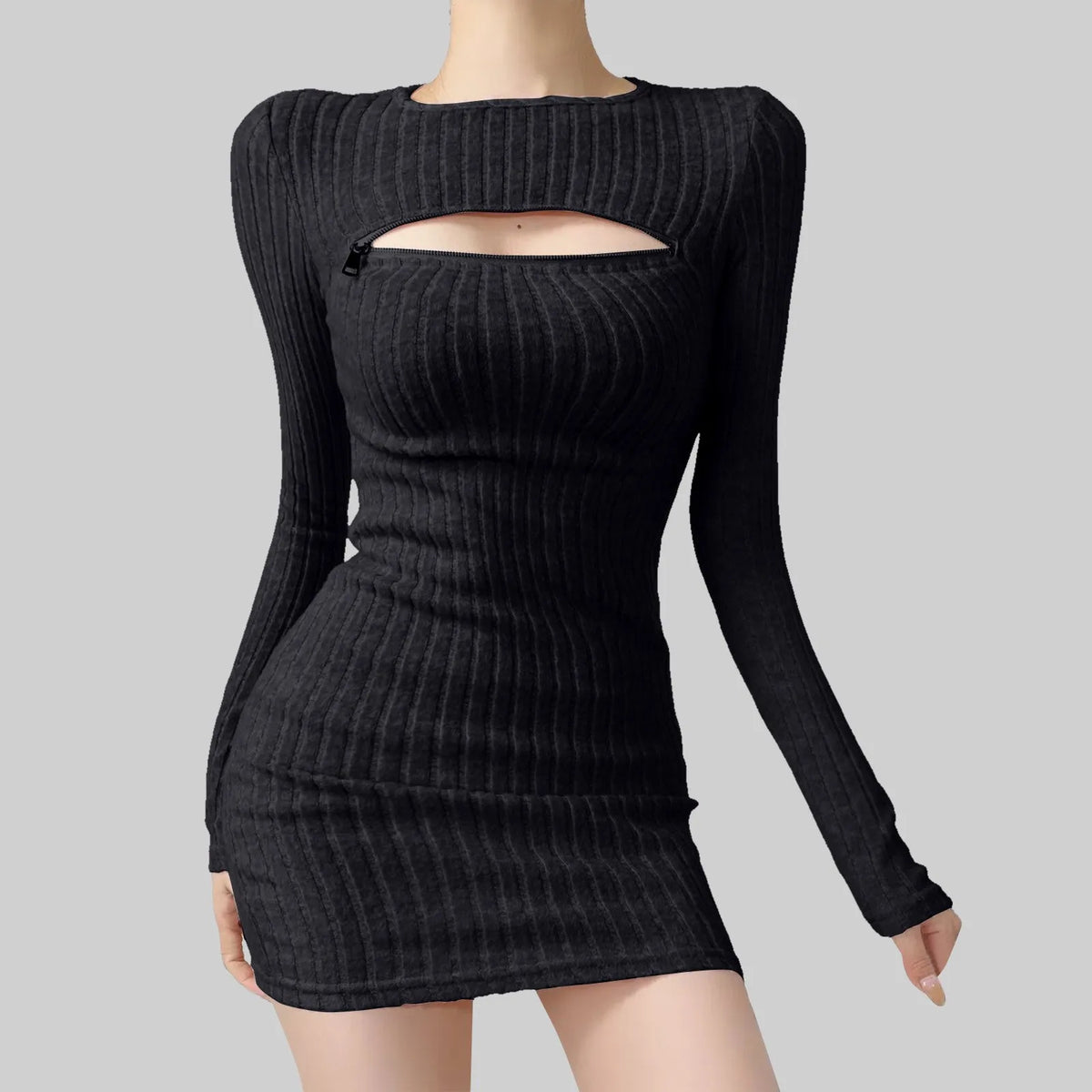 Women Bodycon Sweater Dress Y2k Korean Sexy Hollow Out Zip Up Short Dress Harajuku Female Ruched Long Sleeve Casual Vestidos