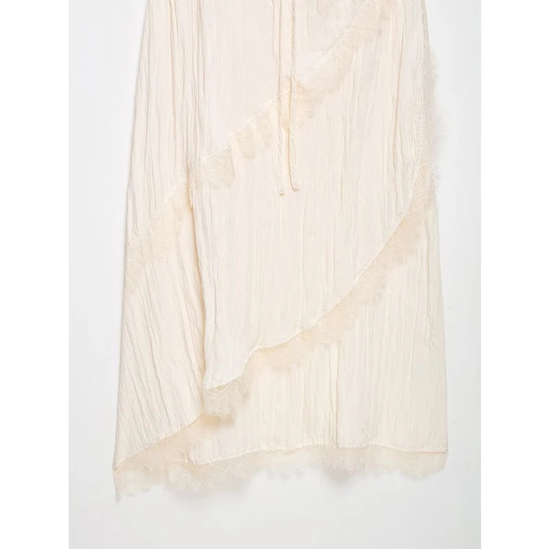 YENKYE Romantic Crinkled Wrap Slip Dress Women Self Tie Waist Lace Trim Irregular Hem Beach Vacation Midi Dresses Female Vestido