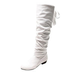 Womens Fashion Leather Shoes Bow Tie Thick Heel Long Boots Socks For Women Knee High Boots British Style 2024 Winter Flat Shoes