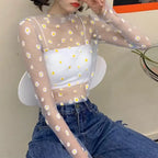 2026  Autumn Hollow Out Mesh T-Shirt Daisy Flower Pattern Crop Top sexy Transparent Long Sleeves Basic Tops For Women Lace Tops
