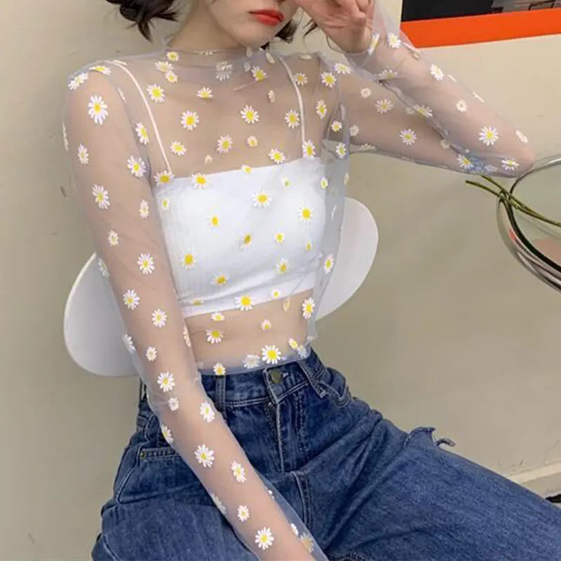 2026  Autumn Hollow Out Mesh T-Shirt Daisy Flower Pattern Crop Top sexy Transparent Long Sleeves Basic Tops For Women Lace Tops