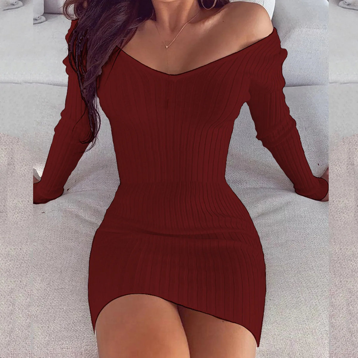 Slim Knitted Dress for Women Solid Color V Neck Long Sleeve Stretchy Short Bodycon Dress Autumn Winter Casual Short Dress