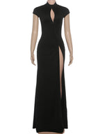 Kliou Sexy High Splits Solid Long Dress Woman Half High Collar Short Sleeve Hollow Design Midnight Club Party Elegant Vestidos