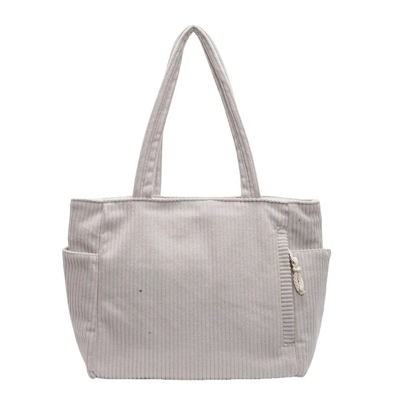 Casual Corduroy Handbag with Zipper Closure Light and Large Capacity Fixed Shoulder Strap Solid Color Daily Commuter Handbag