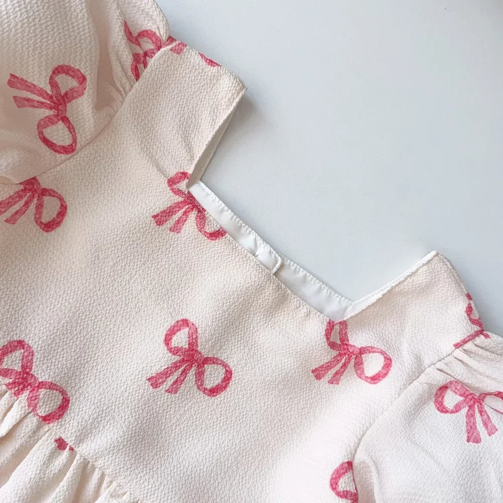 Bear Leader Summer Short Sleeved Girls Casual Dresses Pink Bow Print Square Neck Sweet Princess Dress Daily Simple Kids Clothes