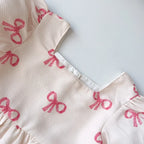 Bear Leader Summer Short Sleeved Girls Casual Dresses Pink Bow Print Square Neck Sweet Princess Dress Daily Simple Kids Clothes