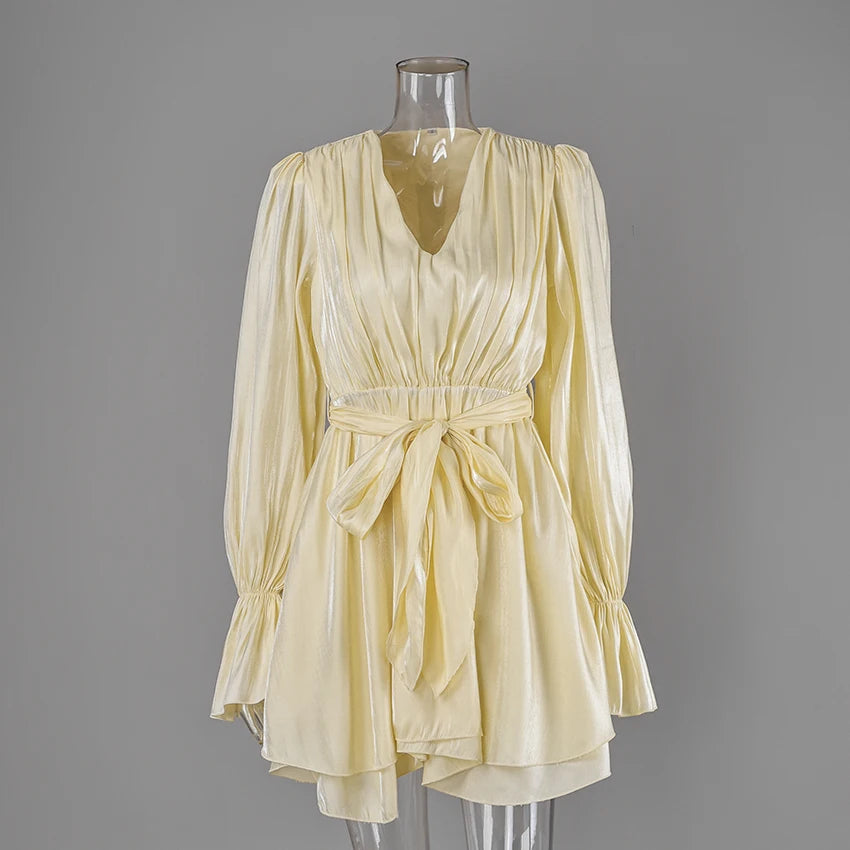 Linad 2025 Short Belt Party Dress Female Summer Flare Sleeve A Line Dress Casual High Waist Slim Dress For Women 2025 Yellow
