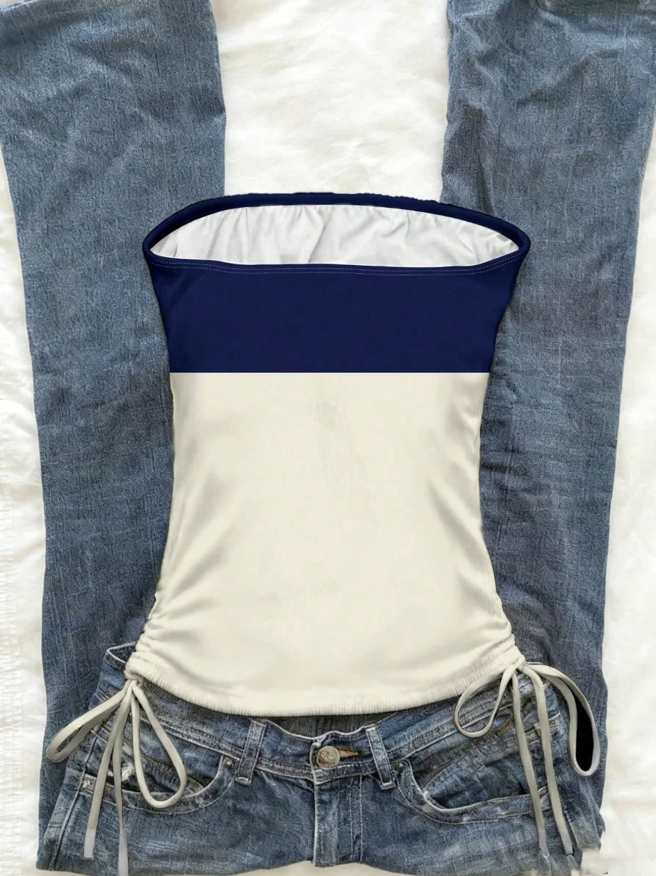 Cropped Top, Women's Summer Drawstring Tie Front Cutaway Tapered Tank Top, Fashionable Resort-Fit Sporty Print Strappy Top